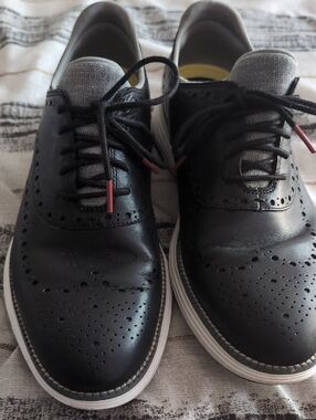 Cole Haan Black Leather Wingtip Oxfords with White Sole